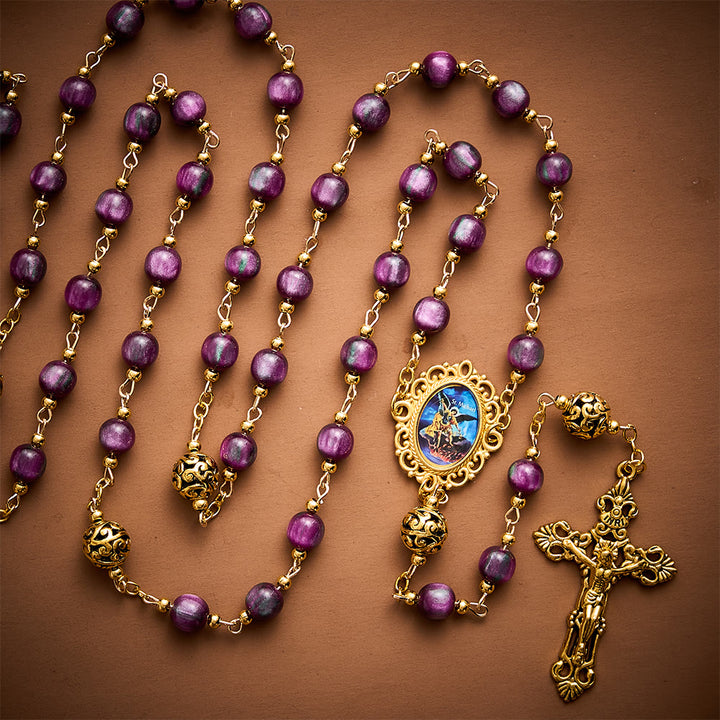 SolaceBeads Purple Shimmer Art Rosary, Metal Spacers, St. Michael Medal: Brave Bold Daily Devotion - image 4