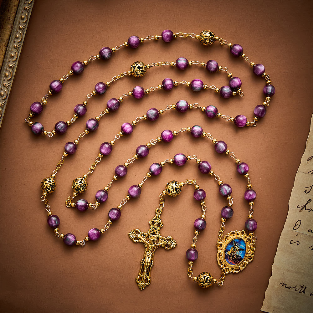 SolaceBeads Purple Shimmer Art Rosary, Metal Spacers, St. Michael Medal: Brave Bold Daily Devotion - Purple - image 0
