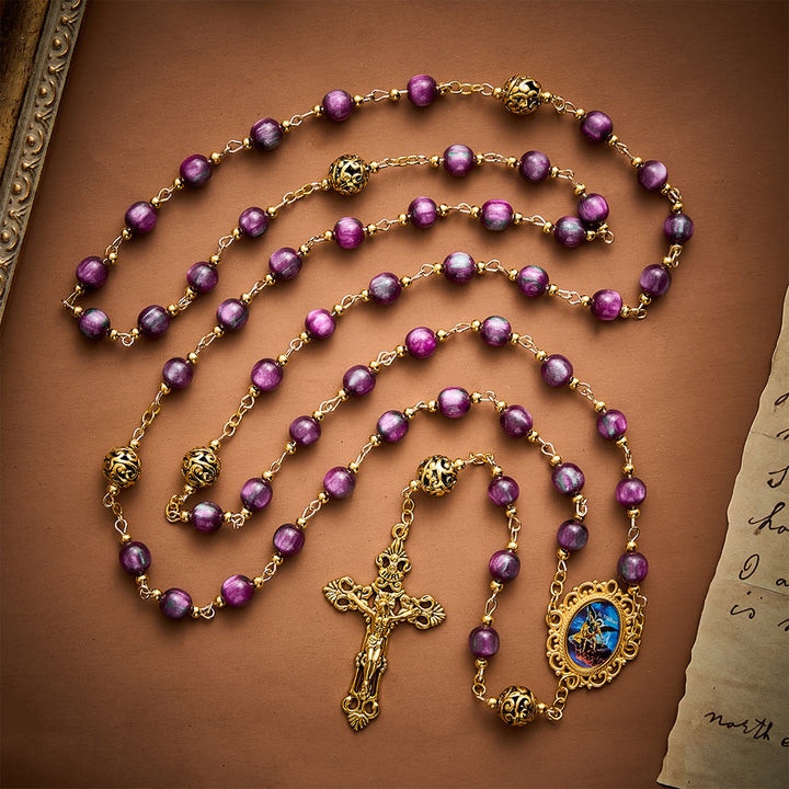 SolaceBeads Purple Shimmer Art Rosary, Metal Spacers, St. Michael Medal: Brave Bold Daily Devotion - Purple - image 0