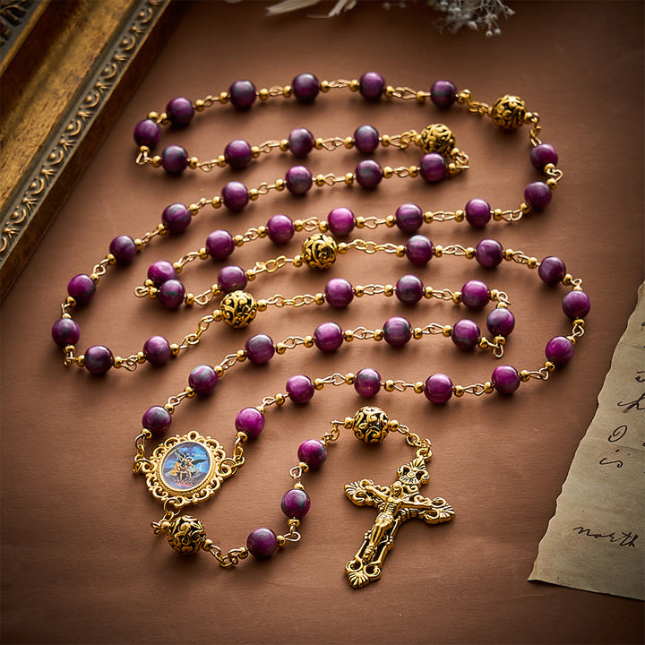 SolaceBeads Purple Shimmer Art Rosary, Metal Spacers, St. Michael Medal: Brave Bold Daily Devotion - image 2