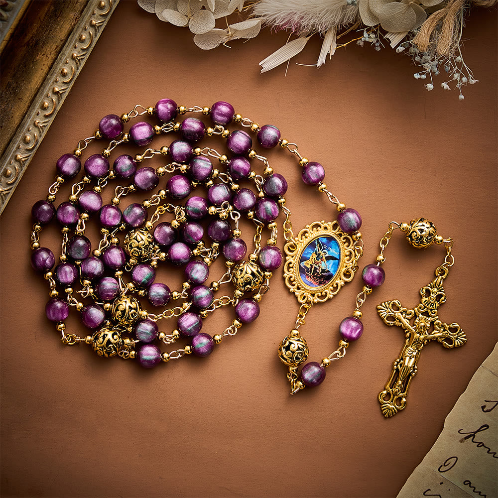 SolaceBeads Purple Shimmer Art Rosary, Metal Spacers, St. Michael Medal: Brave Bold Daily Devotion - image 5
