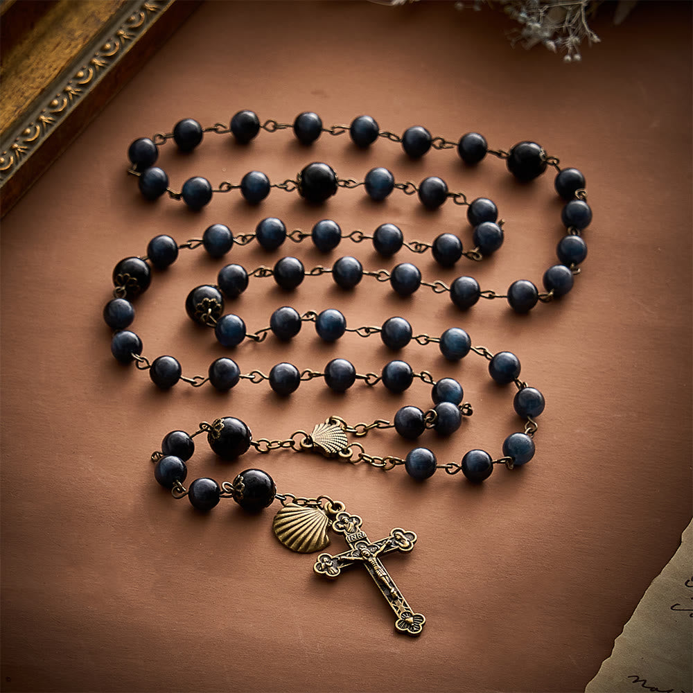 SolaceBeads Black Cat Eye Rosary, Gloss Glass Beads, Shell &amp; Cross: Firm Steadfast Daily Devotion - image 7