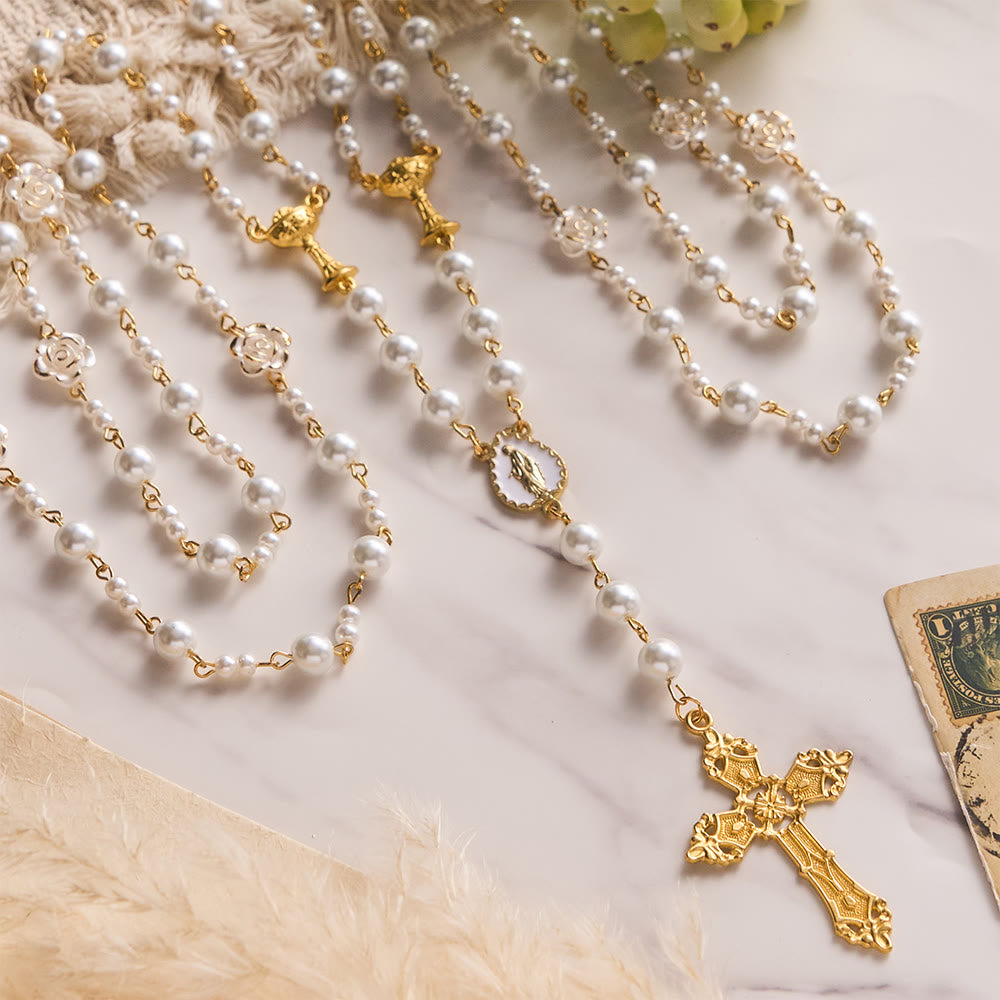 Solacebeads Lustrous White Pearl Wedding Rosary With Chalice Set: Rooted In Sacred Nuptial Devotion - White - image 0