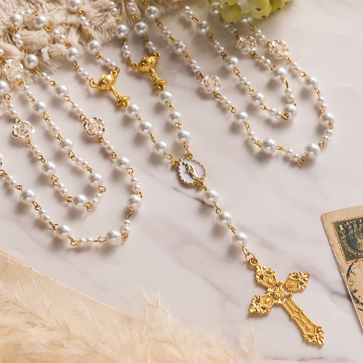 Solacebeads Lustrous White Pearl Wedding Rosary With Chalice Set: Rooted In Sacred Nuptial Devotion - White - image 0