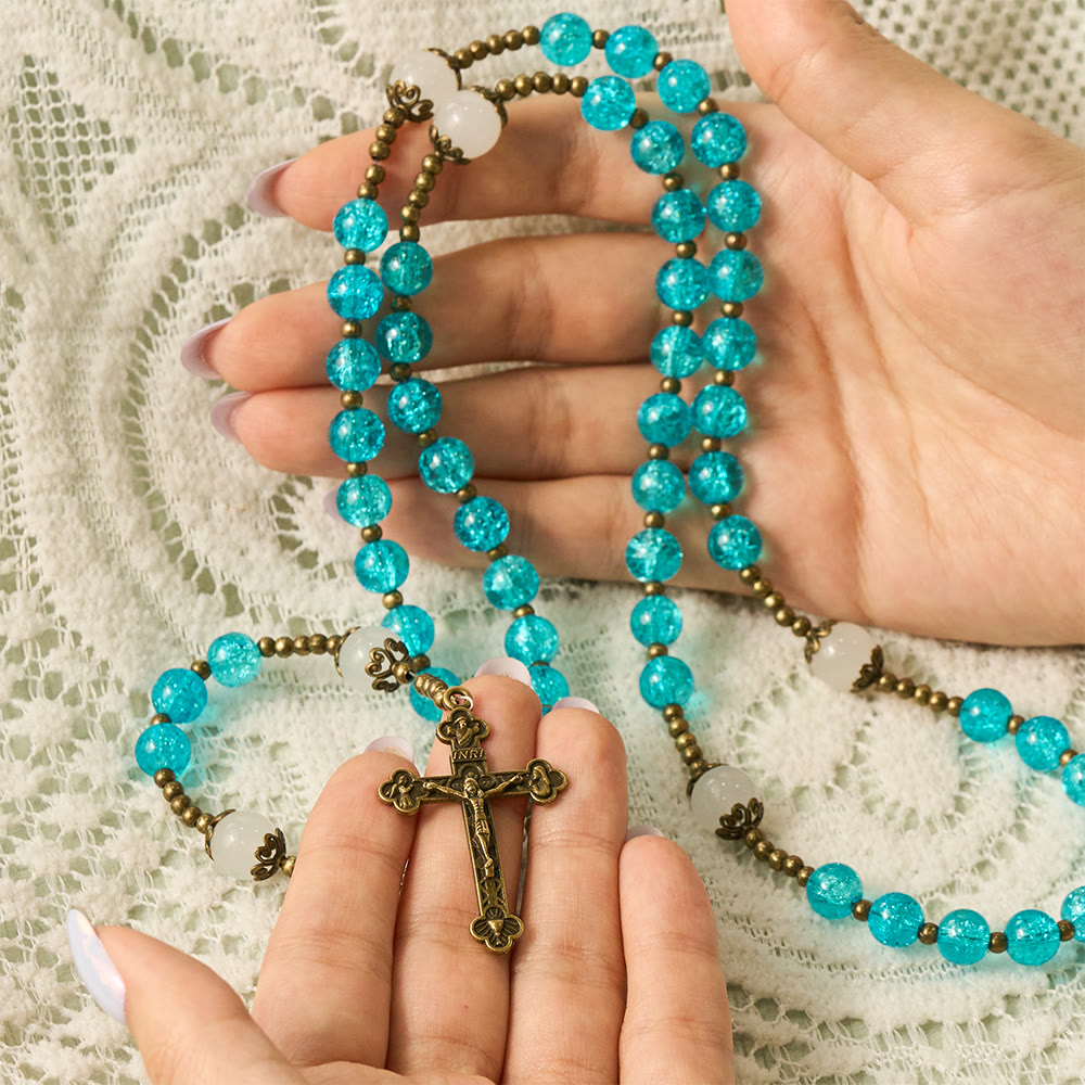 SolaceBeads Openable Blue Glass Rosary, Jade Accents, Madonna Cross: Soft Tender Daily Devotion - image 1