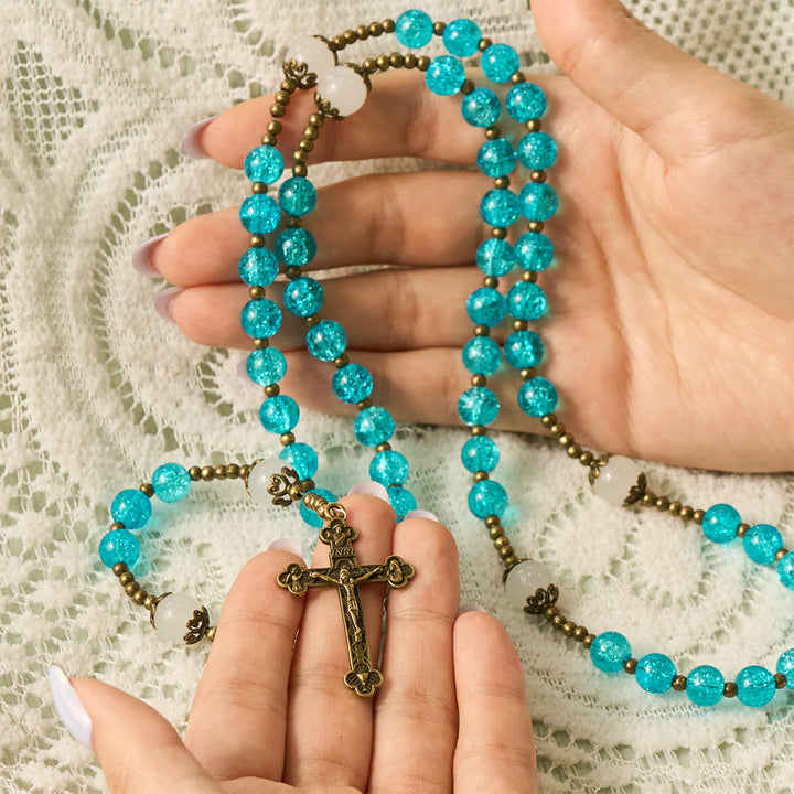 SolaceBeads Openable Blue Glass Rosary, Jade Accents, Madonna Cross: Soft Tender Daily Devotion - image 1