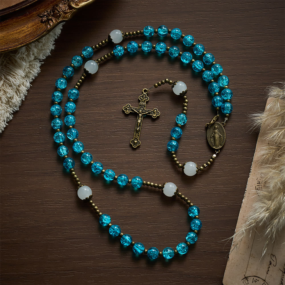 SolaceBeads Openable Blue Glass Rosary, Jade Accents, Madonna Cross: Soft Tender Daily Devotion - image 4