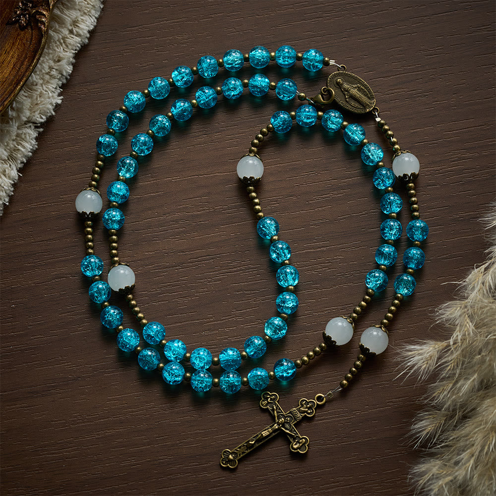 SolaceBeads Openable Blue Glass Rosary, Jade Accents, Madonna Cross: Soft Tender Daily Devotion - Blue - image 0