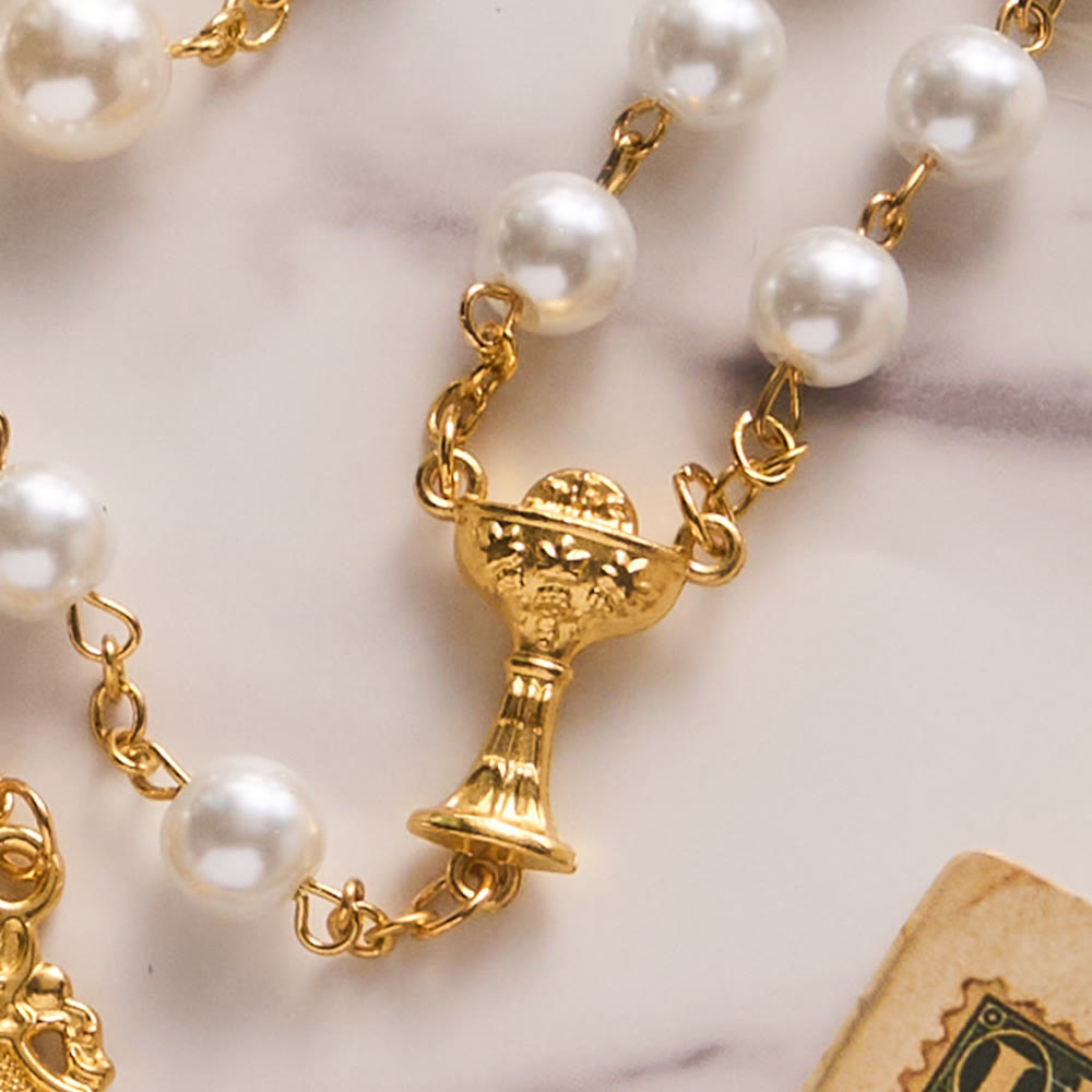 SolaceBeads Open Pearl Wedding Rosary, Chalice Medal, Ornate Cross: Soft Gentle Sacred Devotion - image 5