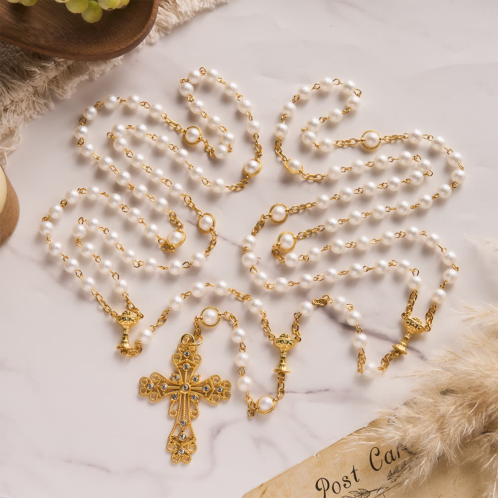 SolaceBeads Open Pearl Wedding Rosary, Chalice Medal, Ornate Cross: Soft Gentle Sacred Devotion - image 3