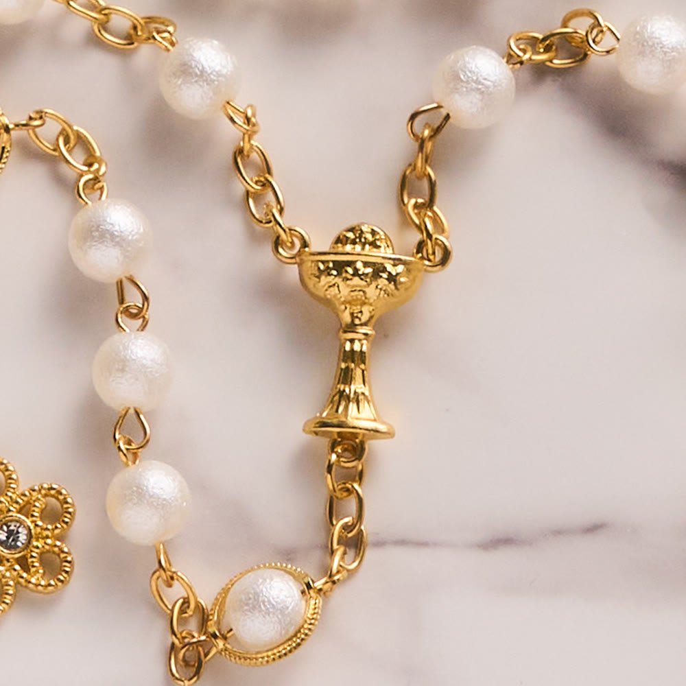 SolaceBeads Open Pearl Wedding Rosary, Chalice Medal, Ornate Cross: Soft Gentle Sacred Devotion - image 6
