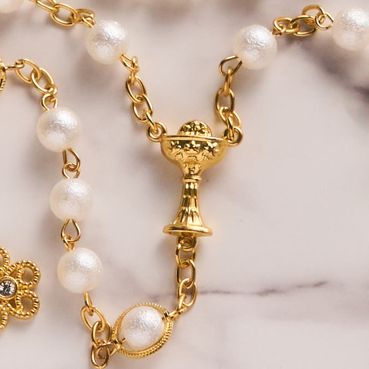 SolaceBeads Open Pearl Wedding Rosary, Chalice Medal, Ornate Cross: Soft Gentle Sacred Devotion - image 6