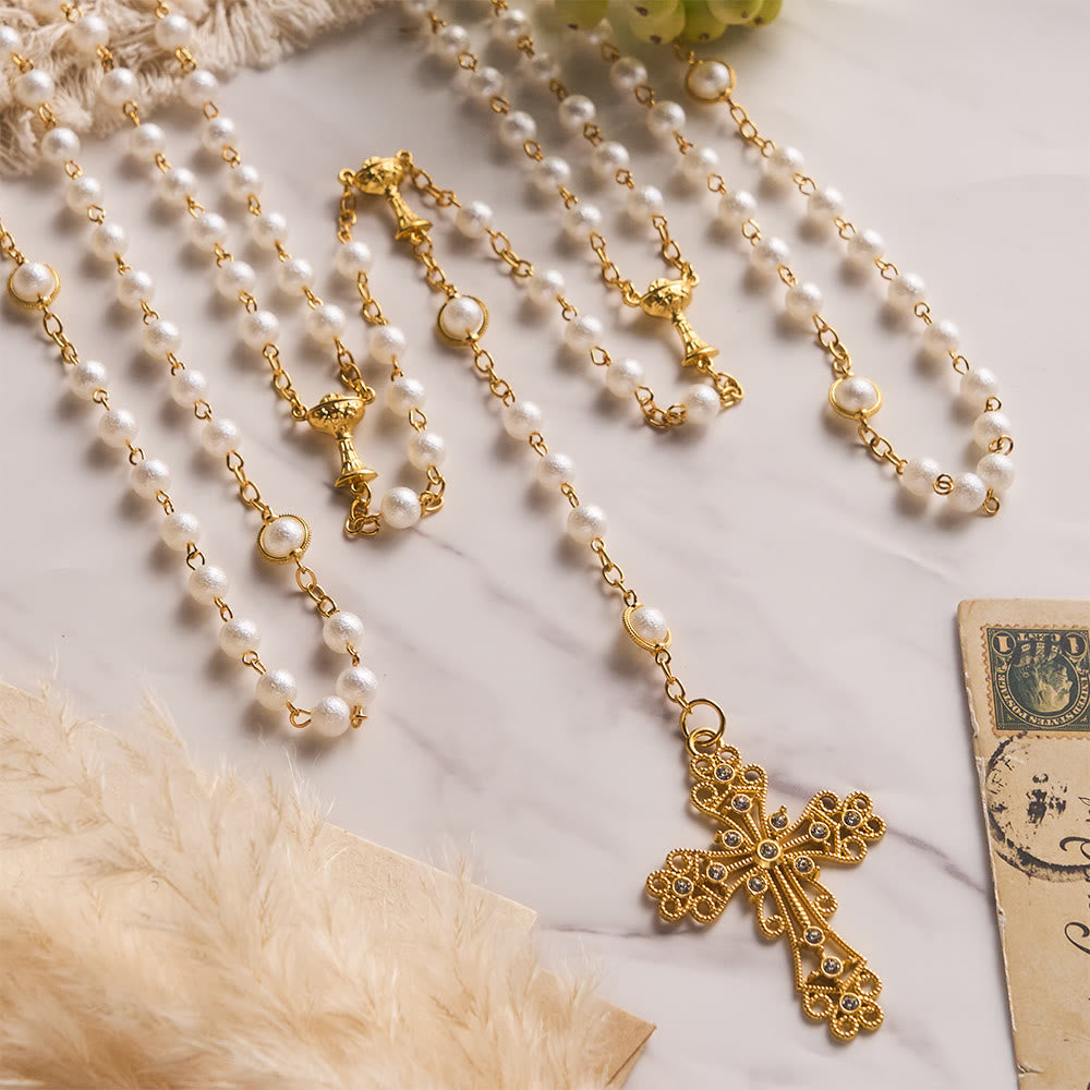 SolaceBeads Open Pearl Wedding Rosary, Chalice Medal, Ornate Cross: Soft Gentle Sacred Devotion - White - image 0