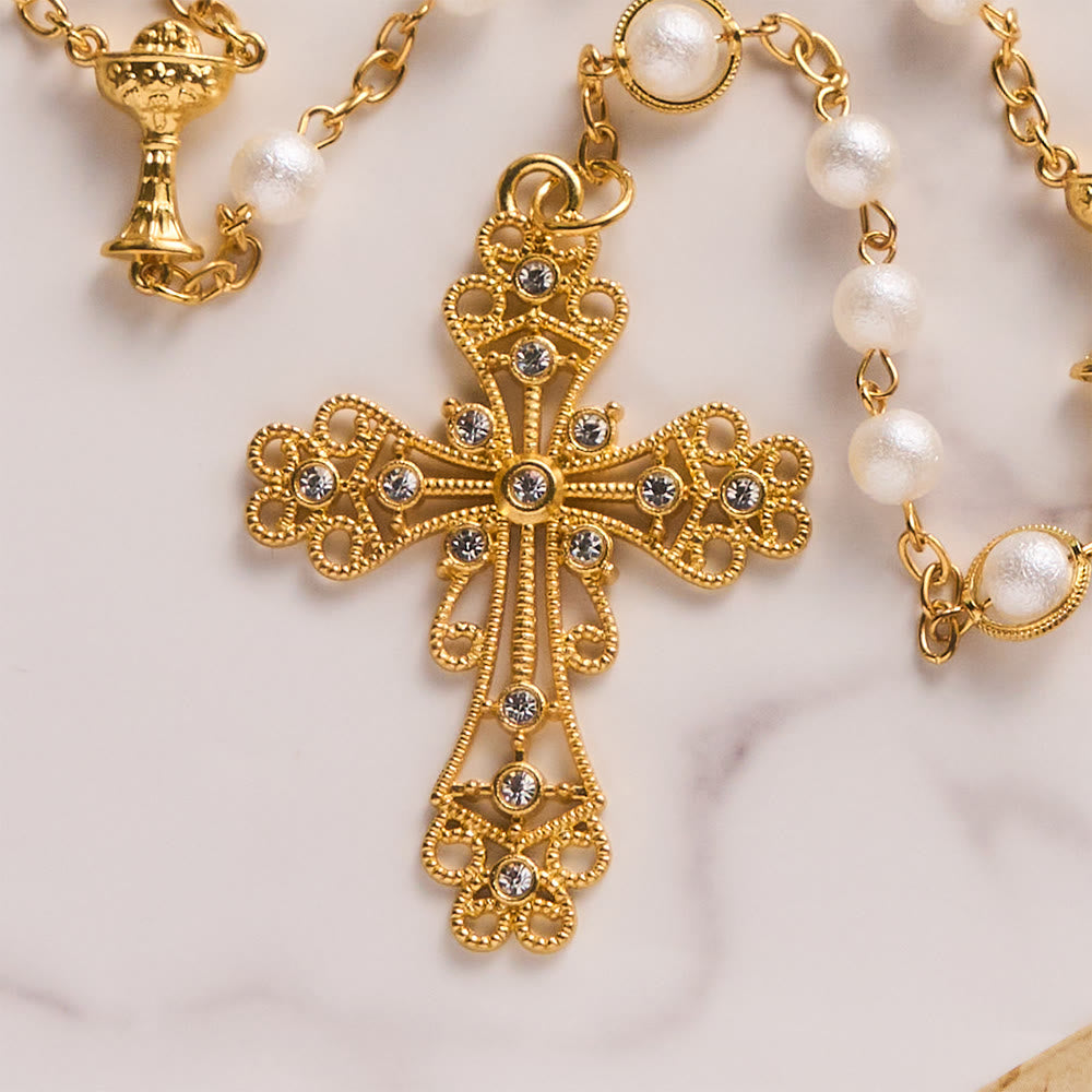 SolaceBeads Open Pearl Wedding Rosary, Chalice Medal, Ornate Cross: Soft Gentle Sacred Devotion - image 7