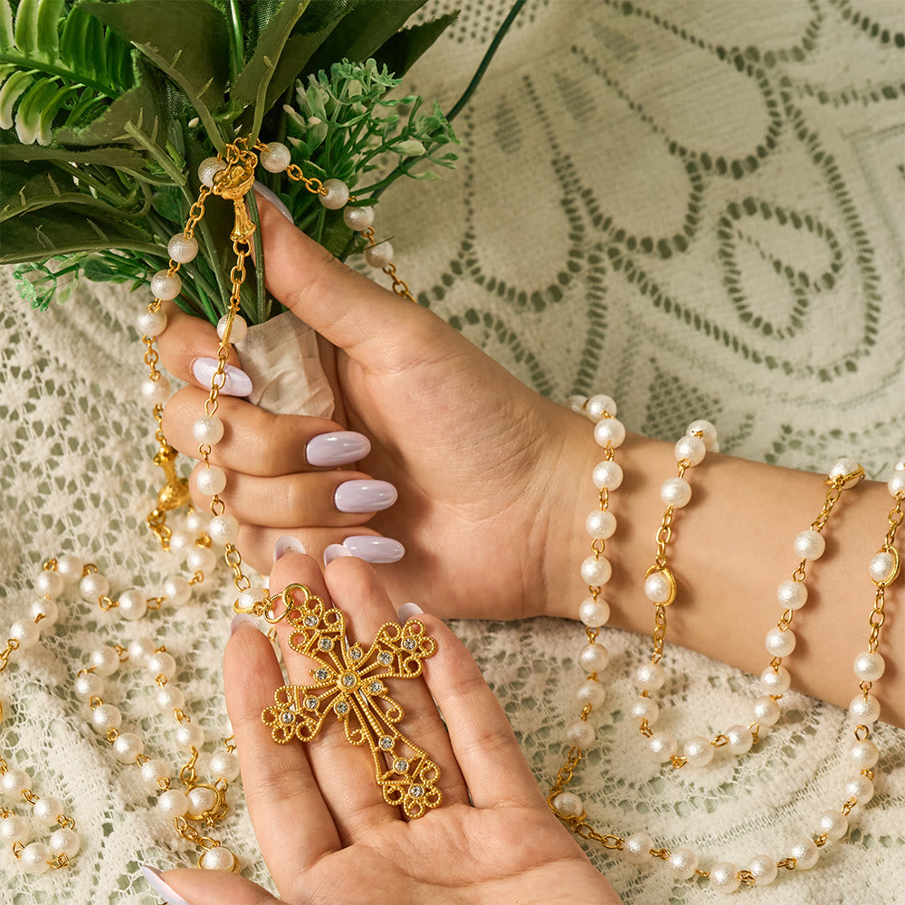 SolaceBeads Open Pearl Wedding Rosary, Chalice Medal, Ornate Cross: Soft Gentle Sacred Devotion - image 1