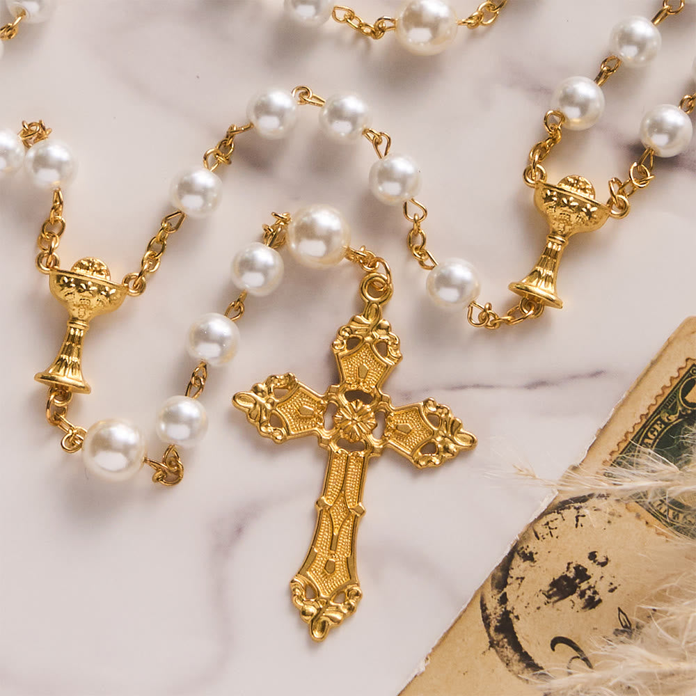 SolaceBeads Open Pearl Wedding Rosary, Chalice Medal, Ornate Cross: Joyful Blessed Sacred Devotion - image 5