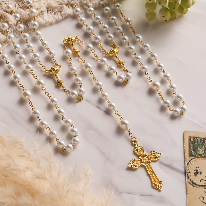 SolaceBeads Open Pearl Wedding Rosary, Chalice Medal, Ornate Cross: Joyful Blessed Sacred Devotion - White - image 0