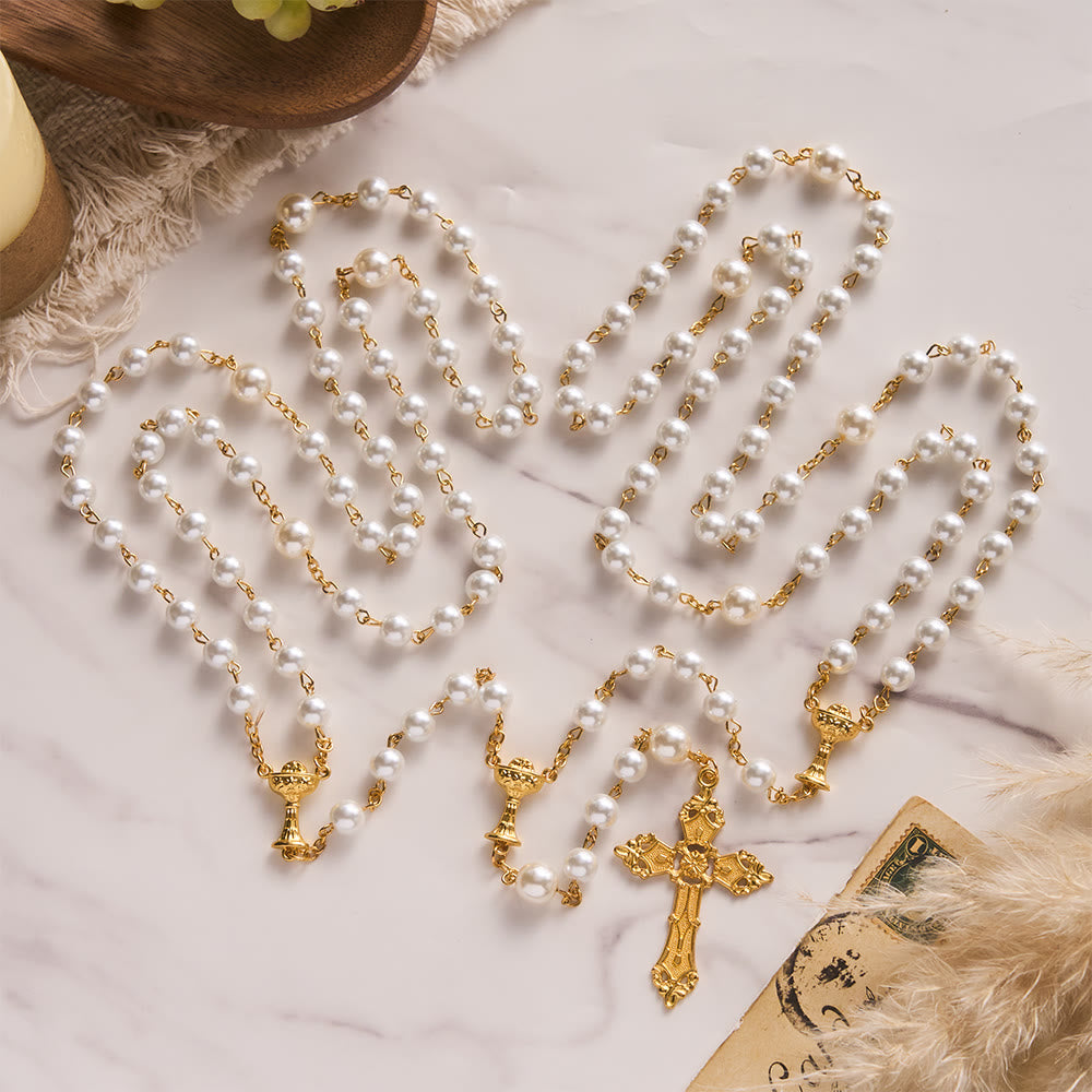 SolaceBeads Open Pearl Wedding Rosary, Chalice Medal, Ornate Cross: Joyful Blessed Sacred Devotion - image 3