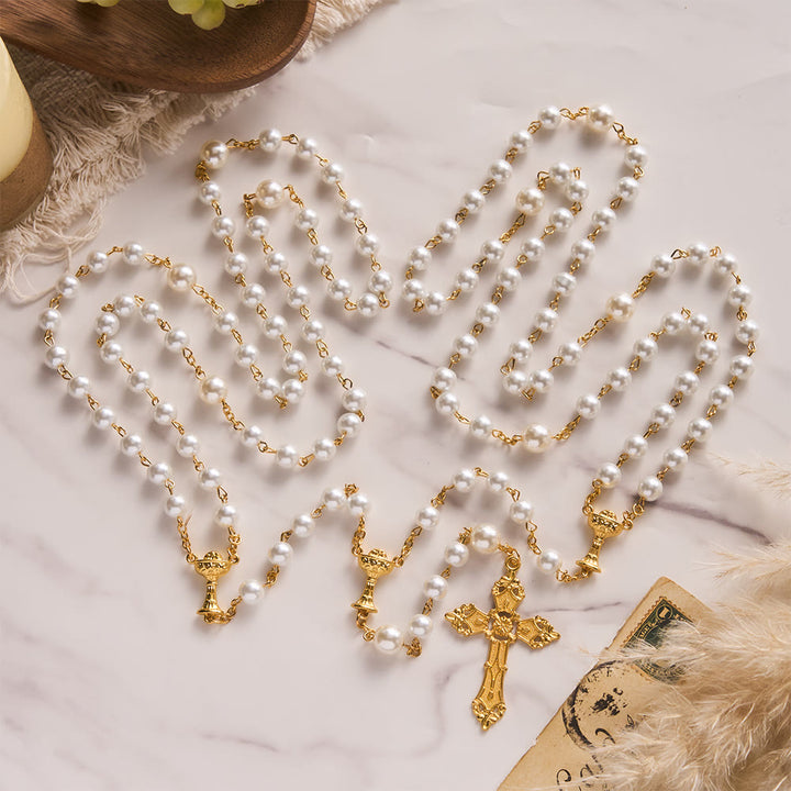 SolaceBeads Open Pearl Wedding Rosary, Chalice Medal, Ornate Cross: Joyful Blessed Sacred Devotion - image 3
