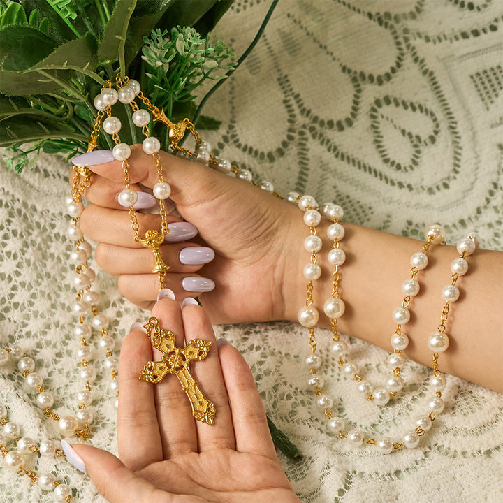 SolaceBeads Open Pearl Wedding Rosary, Chalice Medal, Ornate Cross: Joyful Blessed Sacred Devotion - image 1