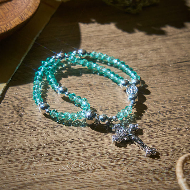 SolaceBeads Clear Crystal Rosary Bracelet With Rhinestone Studded Cross: Sparkling Devotion - Mint Green - image 17