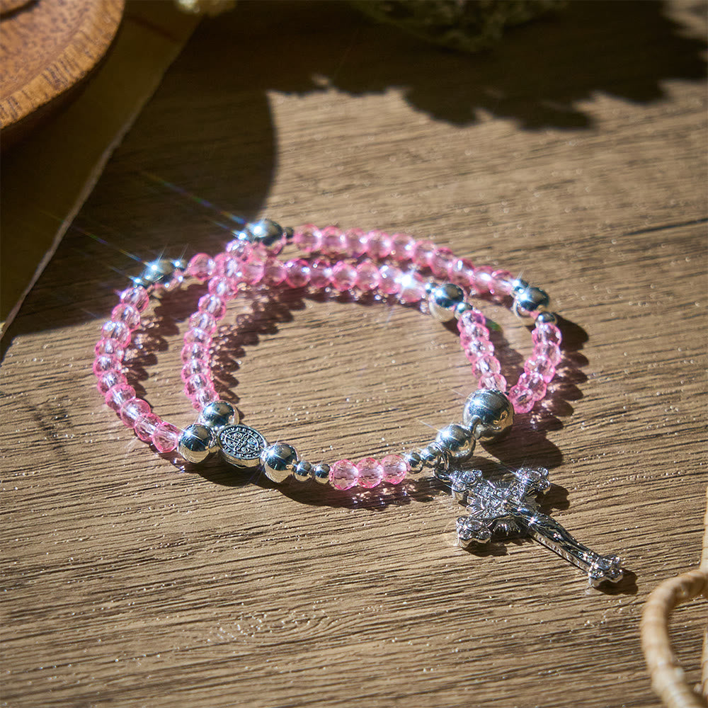 SolaceBeads Clear Crystal Rosary Bracelet With Rhinestone Studded Cross: Sparkling Devotion - Pink - image 8