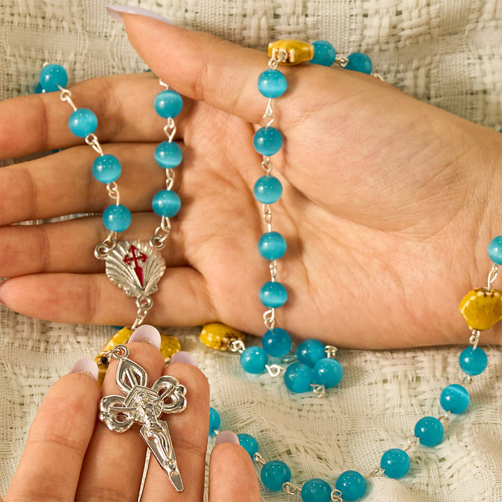 SolaceBeads Blue Cat Eye Rosary, Shell Beads, St. James Emblems: Bright Glowing Devotion - image 1