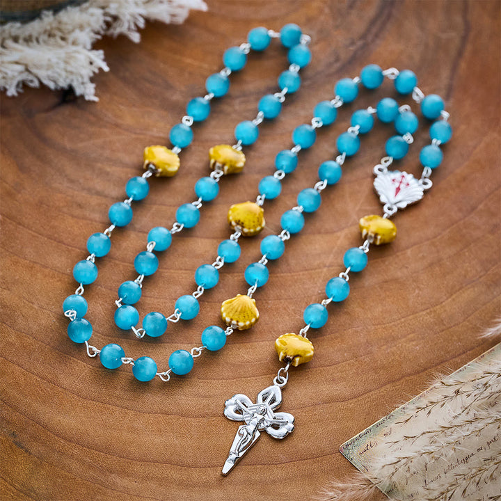 SolaceBeads Blue Cat Eye Rosary, Shell Beads, St. James Emblems: Bright Glowing Devotion - image 3