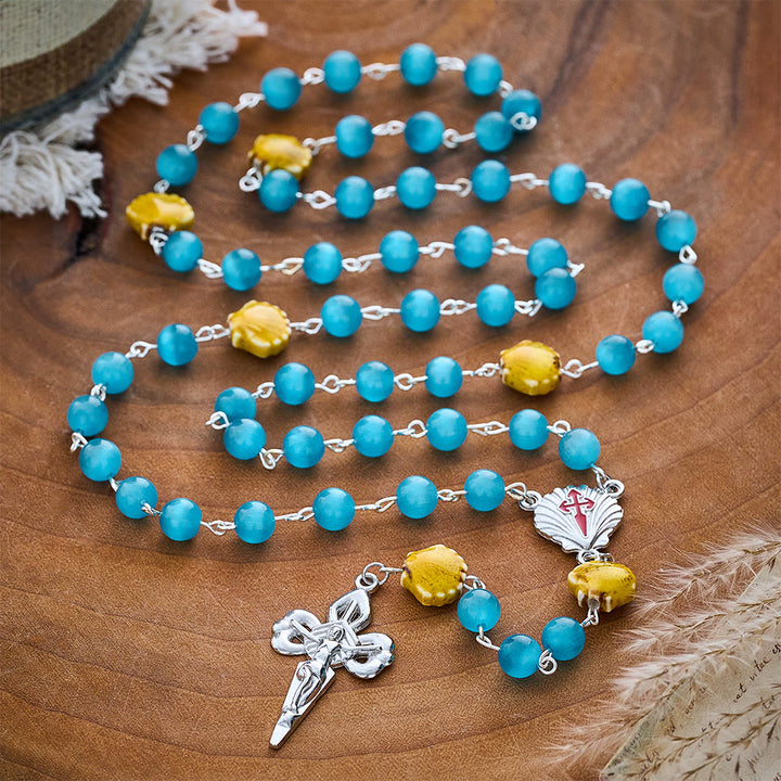 SolaceBeads Blue Cat Eye Rosary, Shell Beads, St. James Emblems: Bright Glowing Devotion - image 9