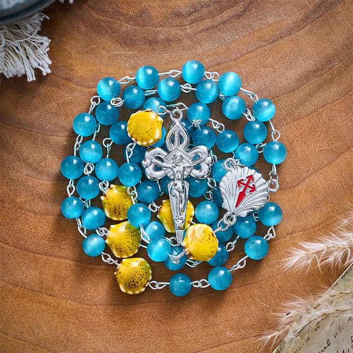 SolaceBeads Blue Cat Eye Rosary, Shell Beads, St. James Emblems: Bright Glowing Devotion - image 8