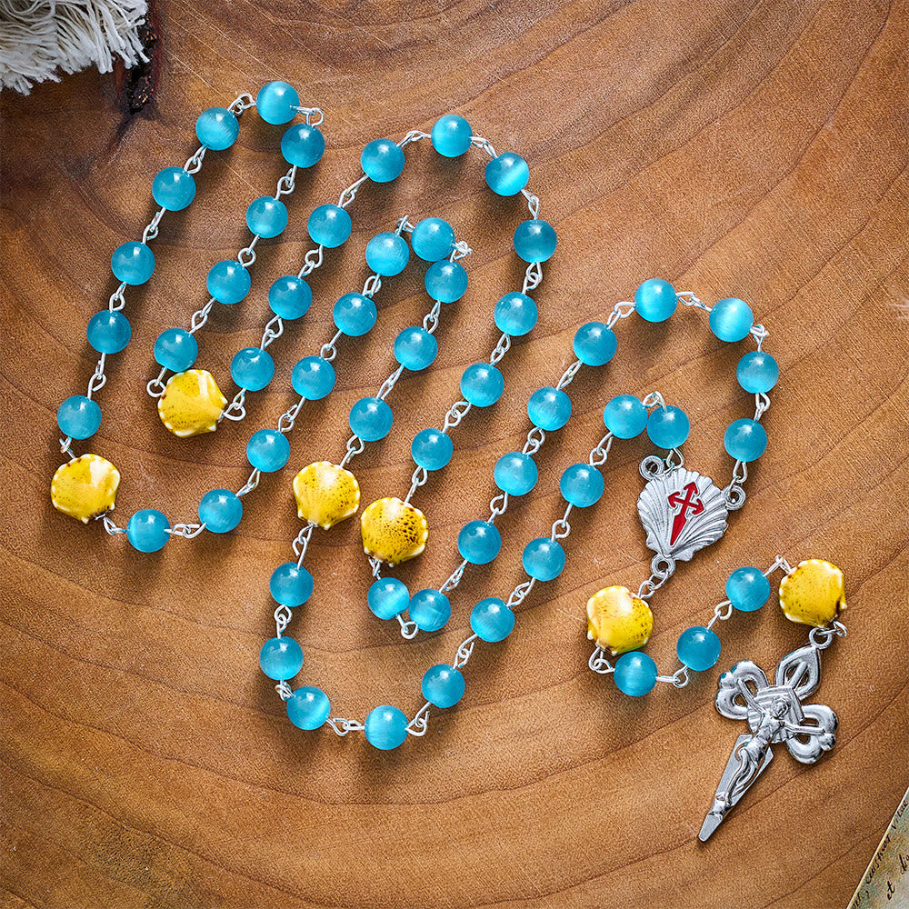 SolaceBeads Blue Cat Eye Rosary, Shell Beads, St. James Emblems: Bright Glowing Devotion - image 2