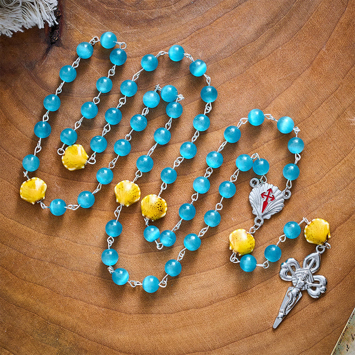 SolaceBeads Blue Cat Eye Rosary, Shell Beads, St. James Emblems: Bright Glowing Devotion - image 2