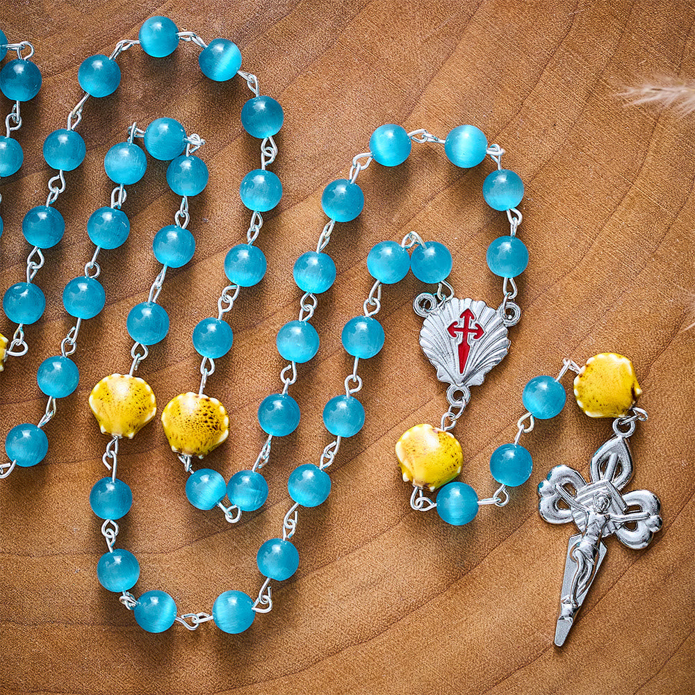 SolaceBeads Blue Cat Eye Rosary, Shell Beads, St. James Emblems: Bright Glowing Devotion - image 4