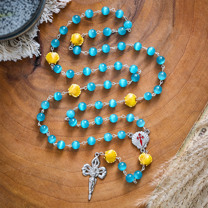 SolaceBeads Blue Cat Eye Rosary, Shell Beads, St. James Emblems: Bright Glowing Devotion - Deep Lake Blue - image 0