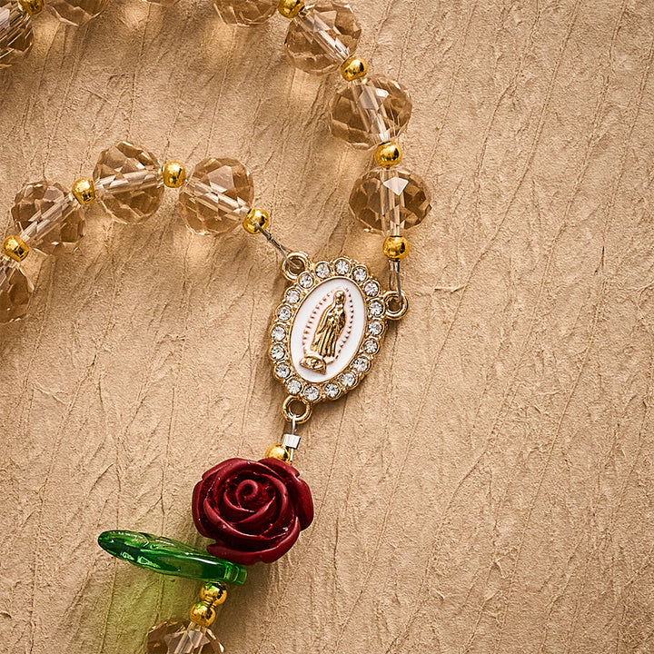 SolaceBeads Champagne Faceted Beads &amp; Red Rose Crystal Rosary: Rooted in Sacred Guadalupe Devotion - image 3