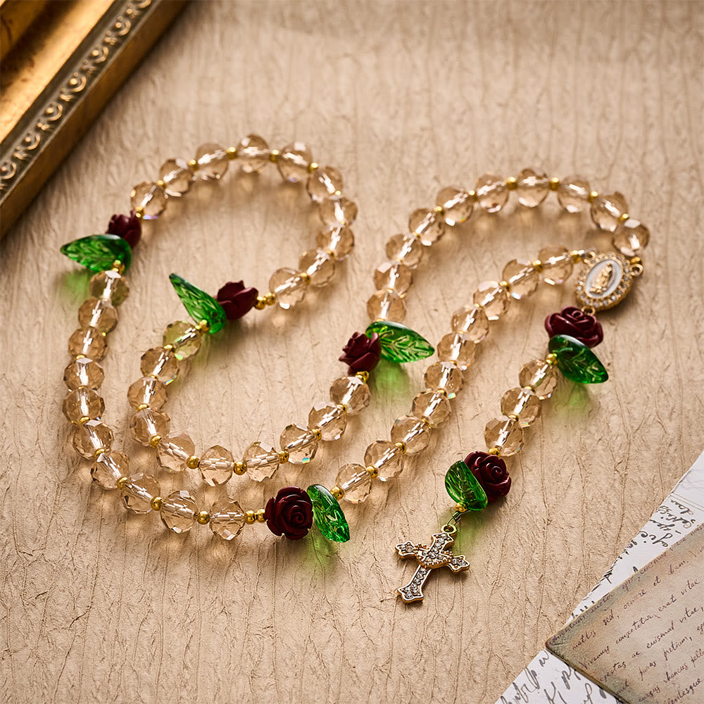 SolaceBeads Champagne Faceted Beads &amp; Red Rose Crystal Rosary: Rooted in Sacred Guadalupe Devotion - image 5