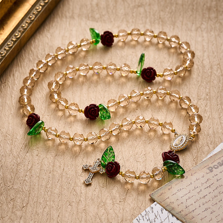 SolaceBeads Champagne Faceted Beads &amp; Red Rose Crystal Rosary: Rooted in Sacred Guadalupe Devotion - image 6