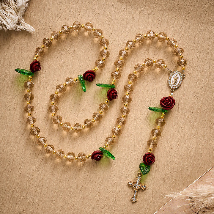 SolaceBeads Champagne Faceted Beads &amp; Red Rose Crystal Rosary: Rooted in Sacred Guadalupe Devotion - image 7