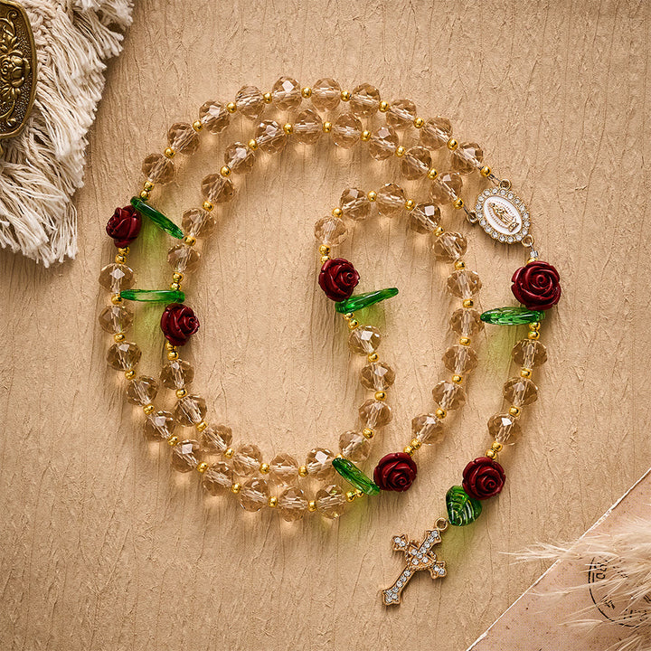 SolaceBeads Champagne Faceted Beads &amp; Red Rose Crystal Rosary: Rooted in Sacred Guadalupe Devotion - Champagne - image 0
