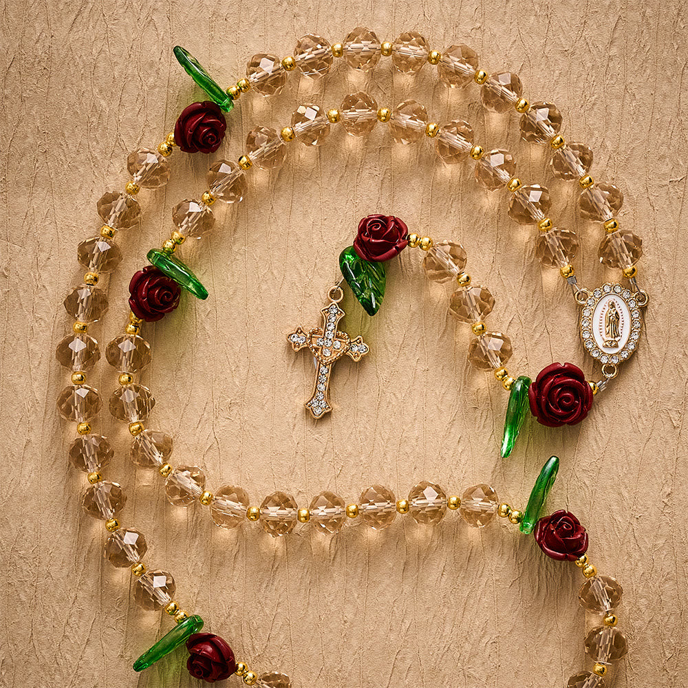 SolaceBeads Champagne Faceted Beads &amp; Red Rose Crystal Rosary: Rooted in Sacred Guadalupe Devotion - image 8