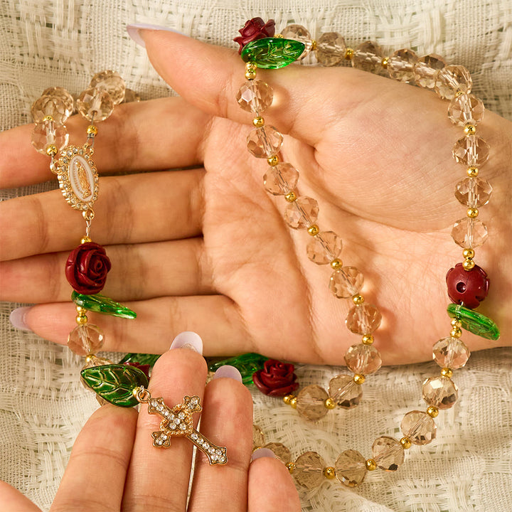 SolaceBeads Champagne Faceted Beads &amp; Red Rose Crystal Rosary: Rooted in Sacred Guadalupe Devotion - image 1