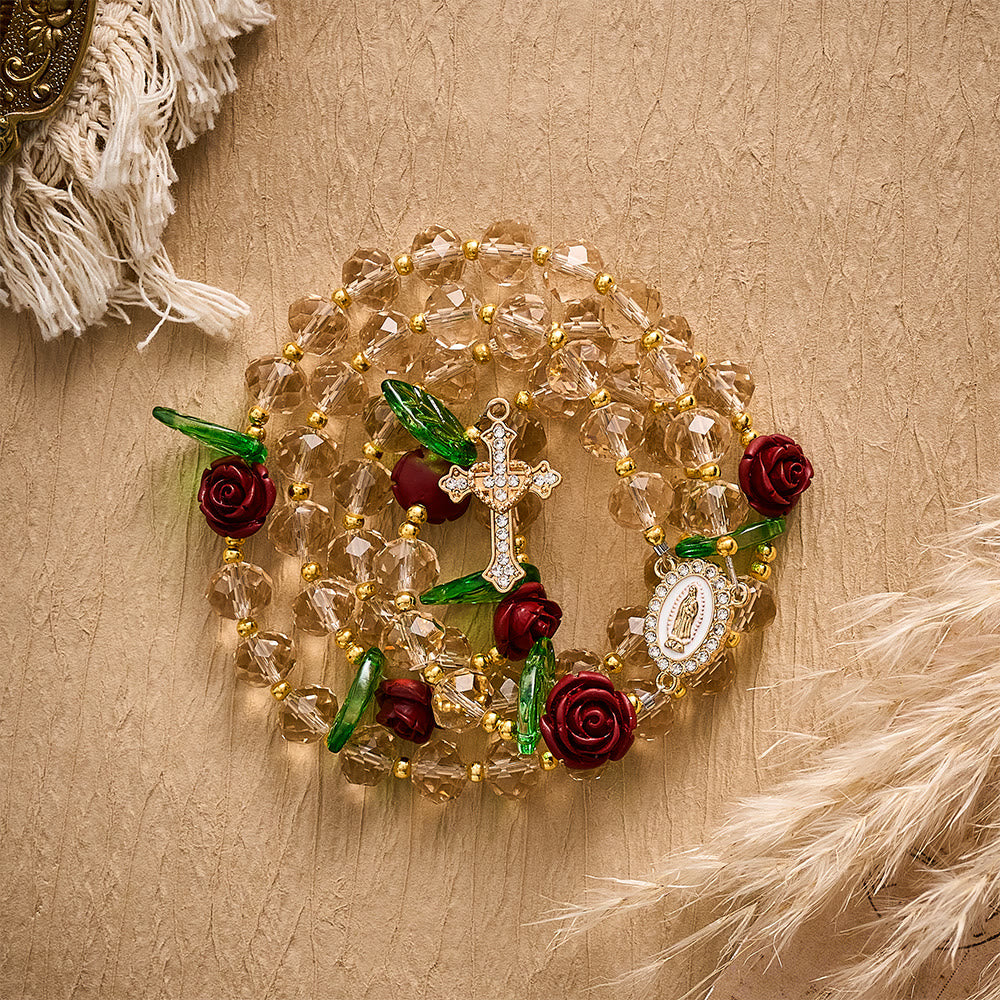 SolaceBeads Champagne Faceted Beads &amp; Red Rose Crystal Rosary: Rooted in Sacred Guadalupe Devotion - image 9