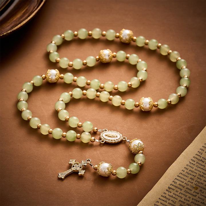 SolaceBeads Green Jade Art Rosary, Pearl Accents, Guadalupe Medal: Soft Tender Daily Devotion - image 10
