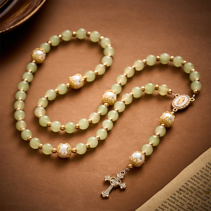 SolaceBeads Green Jade Art Rosary, Pearl Accents, Guadalupe Medal: Soft Tender Daily Devotion - image 2