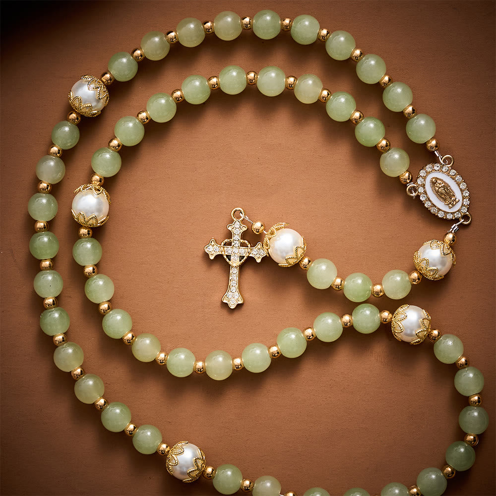 SolaceBeads Green Jade Art Rosary, Pearl Accents, Guadalupe Medal: Soft Tender Daily Devotion - image 5