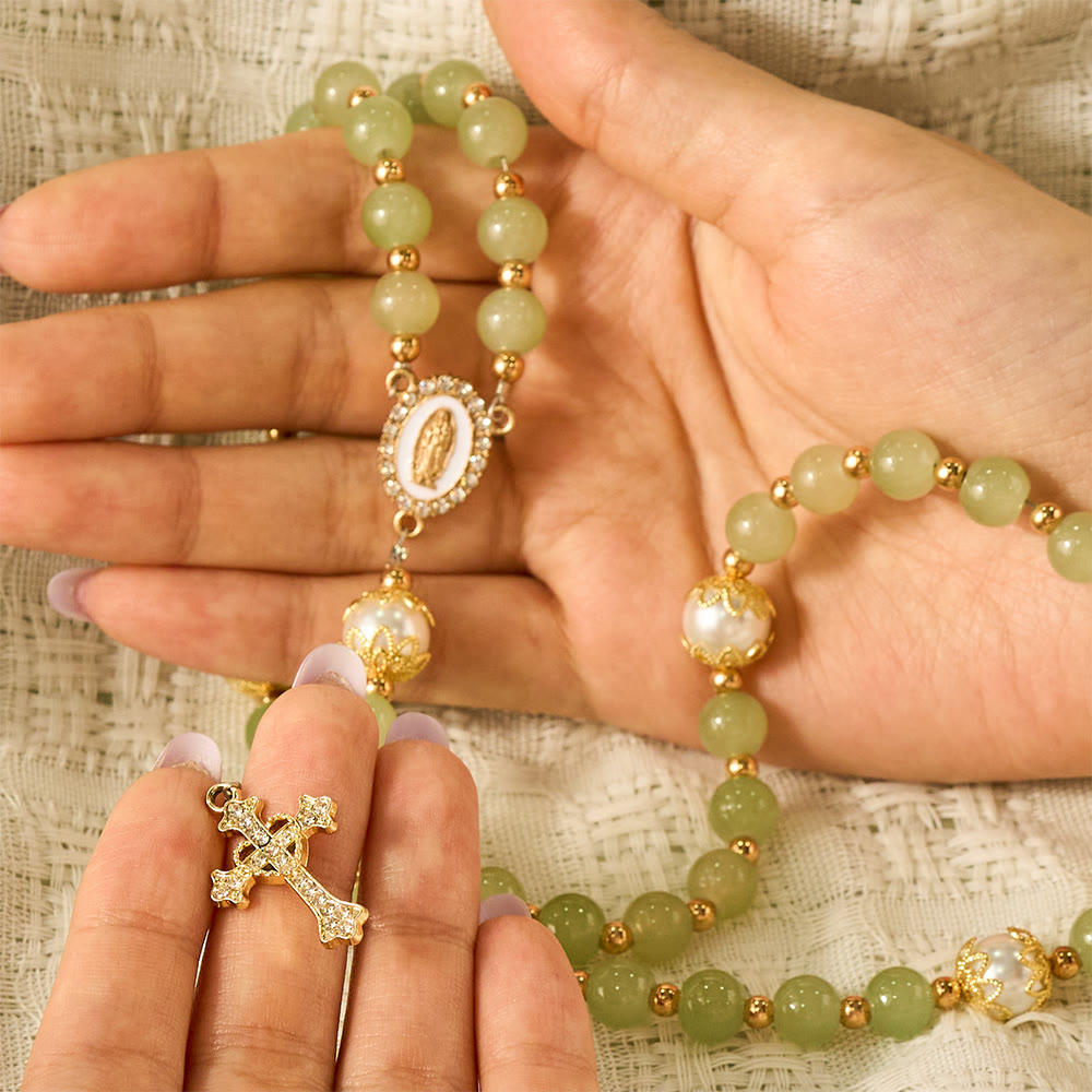 SolaceBeads Green Jade Art Rosary, Pearl Accents, Guadalupe Medal: Soft Tender Daily Devotion - image 1