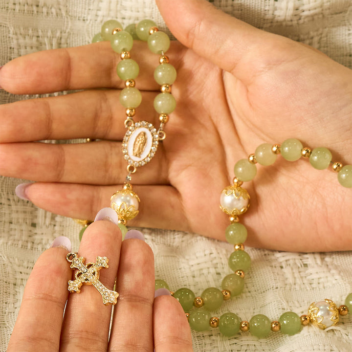 SolaceBeads Green Jade Art Rosary, Pearl Accents, Guadalupe Medal: Soft Tender Daily Devotion - image 1