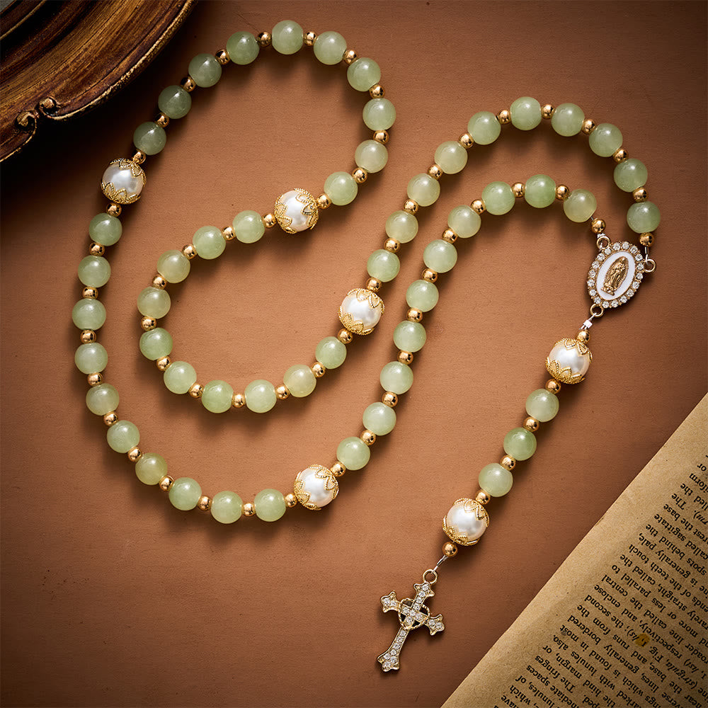 SolaceBeads Green Jade Art Rosary, Pearl Accents, Guadalupe Medal: Soft Tender Daily Devotion - image 3