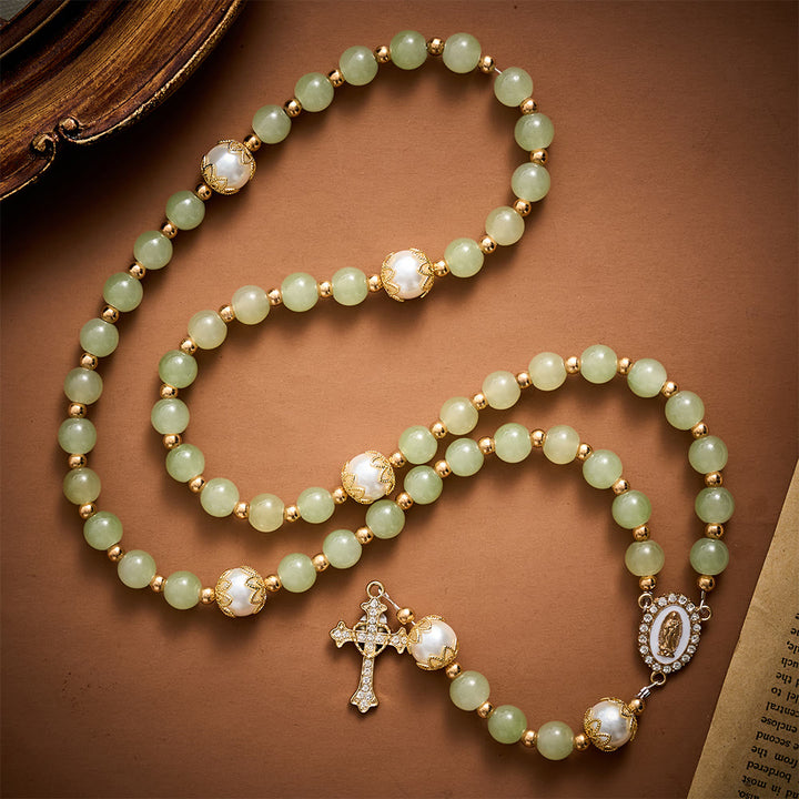 SolaceBeads Green Jade Art Rosary, Pearl Accents, Guadalupe Medal: Soft Tender Daily Devotion - image 4