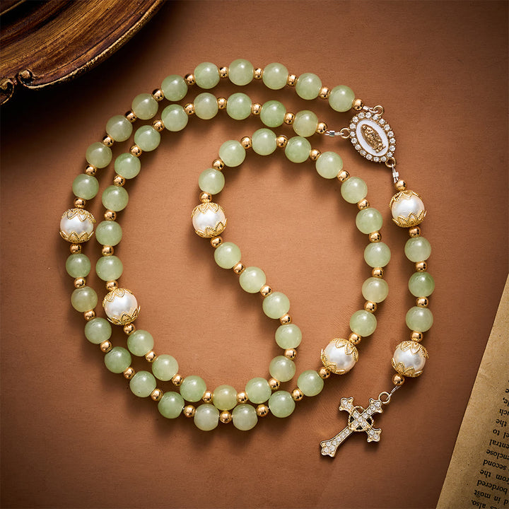 SolaceBeads Green Jade Art Rosary, Pearl Accents, Guadalupe Medal: Soft Tender Daily Devotion - Light Jade - image 0